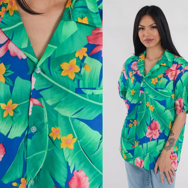 Hawaiian Shirt 90s Tropical Floral Button Up Orchid Flower Leaf Print Surfer Tourist Short Sleeve Green Blue Pink Vintage 1990s Men's Medium 