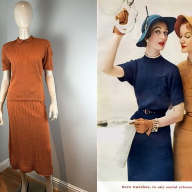 Borne Travellers - Vintage 1950s Botany Muted Pumpkin Orange Wool Knit Sweater Skirt Set - Rare Colour 