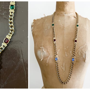Vintage ‘80s long & heavy gold chain necklace with glass jewels | runway vibes, jewel tone necklace, eighties costume jewelry 
