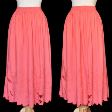 Vintage 90s Bali Crochet Skirt, Coral Rayon Floral Embroidered Cutwork Maxi Skirt, Hand Made in Indonesia, Size XL to XXL 