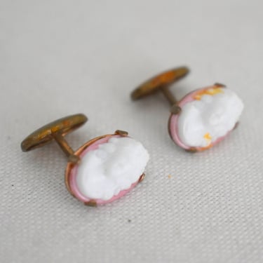 1910s Glass Pink Cameo Bean Back Cuff Links 