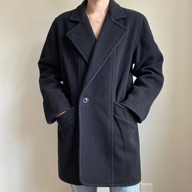 Vintage Mens 80s LL Bean Navy Blue Wool Mid Length Winter Coat Sz Large 