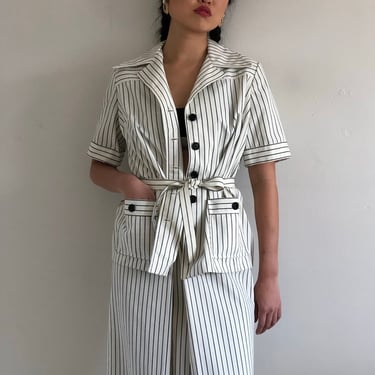 70s pinstripe cotton twill suit / vintage white cotton ticking artist short sleeve belted blazer high waisted A line skirt suit matching set 