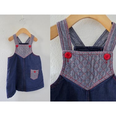 Vintage Girls Denim Jumper Dress - Blue Jean Dress with Pocket - Quilted - Size Small 