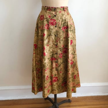 Brown Floral Print Button Down Maxi Skirt - 1990s 