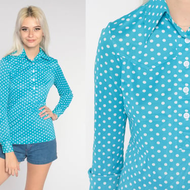 Polka Dot Shirt 70s Top Button Up Shirt Blue Blouse Boho Disco 1970s Collar Nerd Geek Vintage Long Sleeve Retro Small xs s 