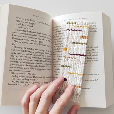 Hand Woven Bookmark - Olive Green, Deep Burgundy/Purple, Peach, Yellow, Gold - Modern, Multicolor, Geometric - Handwoven Cotton - Bookworm 