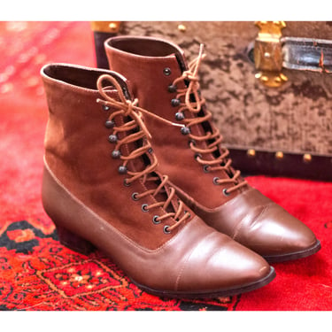 Vintage Ankle Boots - Fall Boots - Amanda Smith - Brown Leather - Lace-Up Booties 