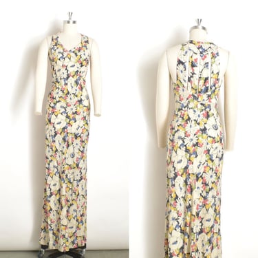 Vintage 1930s Dress / 30s Bias Floral Rayon Gown / Blue Cream ( small S ) 