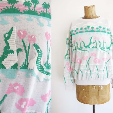 Vintage Scarab San Francisco Alligator Palm Trees Flowers Sweatshirt S M - Cute Kawaii Fairy Kei Pullover 
