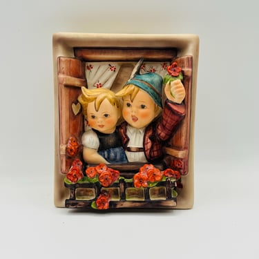 Vintage Time Goebel Hummel Figurine Hanging Wall Plaque With Box - Boy And Girl Waving From Windowsill made in Germany by LeChalet