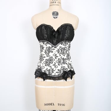 Creme & Black Floral Lace Up Bustier Corset Bra Top Lingerie Bow Sexy Streetwear 