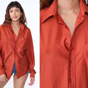 70s Disco Shirt Rust Button Up Shirt Long Sleeve Oxford Dagger Collar Plain Preppy Seventies Vintage 1970s Red Orange Men's Medium 15 1/2 34 