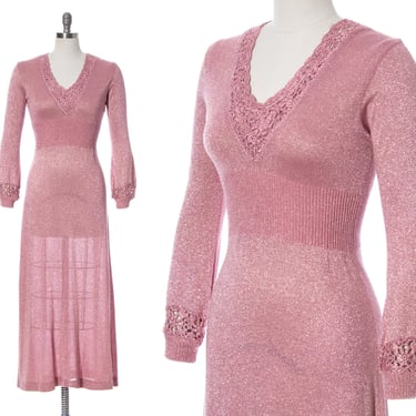 Vintage 1970s Sweater Dress | 70s Wenjili Style Knit Metallic Pink Crochet Lurex Maxi Long Sleeve Boho Party Dress (x-small/small) 