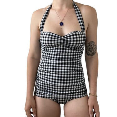 Vintage 1990s Womens Black White Gingham Checkered One Piece Swimsuit Sz 6 