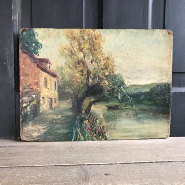 Antique French Oil Painting, French Pastoral Landscape Scene, On Board, French Farmhouse 