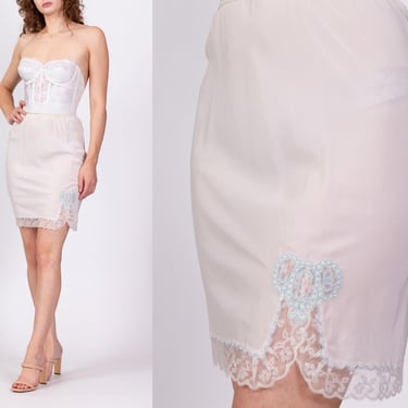 70s Lace Trim Mini Skirt Slip - XS to Small | Vintage White Ivory Monogram Lingerie Miniskirt 