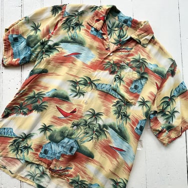 1950s Hawaiian Print Rayon Camp Shirt 