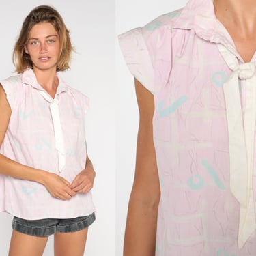 Pink Ascot Blouse 80s Necktie Top Retro Cap Sleeve Secretary Shirt Preppy Pussy Bow Retro Pastel Abstract Print Summer Vintage 1980s Small S 