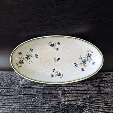Antique Ceramic Platter Oval by E.BOURGEOIS Paris France Blue Cornflowers Plate, Bowl Serving Plate Large Trinket Dish, For ONE 