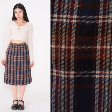 Wool Plaid Skirt 70s Tartan Midi Skirt School Girl High Waisted Checkered Retro Lolita Side Slit Navy Blue Red Vintage 1970s Extra Small xs 