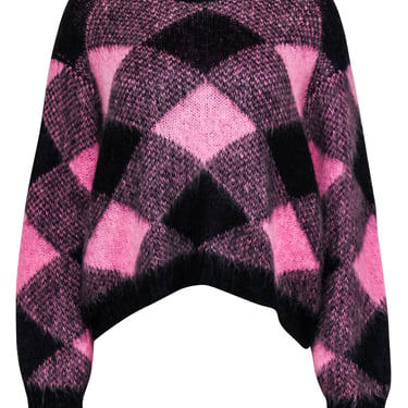 Sandro - Pink &amp; Black Diamond Patterned Mohair Blend Sweater Sz M