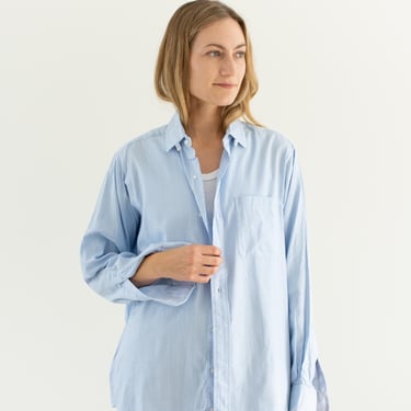 Vintage Light Blue White Stripe Button up Shirt | Unisex Brooks 100 Cotton Made in USA Work Studio Tunic | L | 