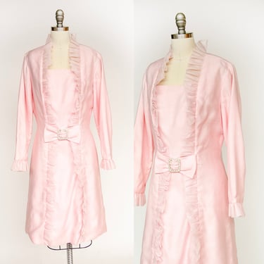 1960s Dress Pink Chiffon Pleated Sleeve L 