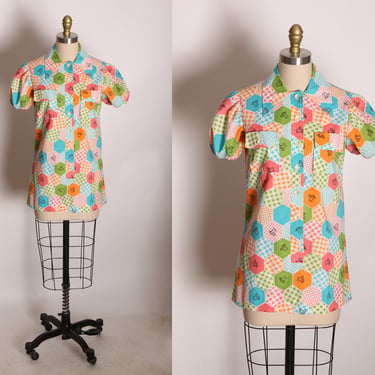 1960s Novelty Multi-Colored Honeycomb Bee Patchwork Short Sleeve Button Up Blouse -S 