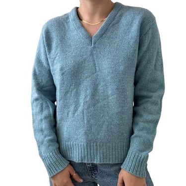 Vintage 1970s Unisex Light Bue Robert Bruce Wool V Neck Sweater Sz M Made USA 
