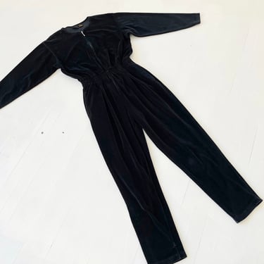 1980s Black Velour Zip Front Jumpsuit 