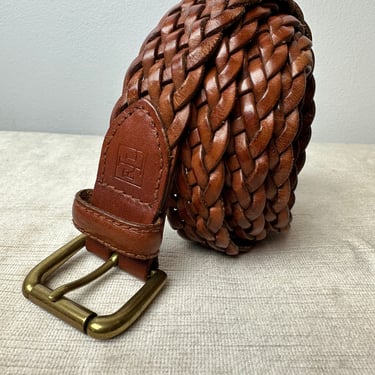 90’s boho braided belt~ brown leather woven long skinny trouser belt / brass/ Ralph Lauren vintage 1990’s trend- androgynous/open size~ XLG 