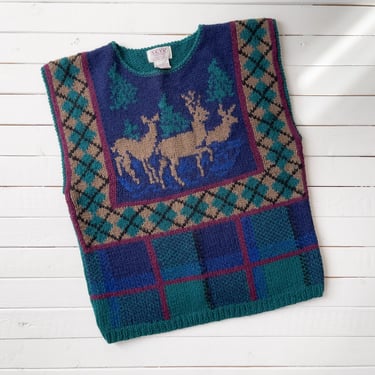 wool sweater vest | 80s 90s vintage SKYR embroidered deer stag forest argyle plaid dark academia streetwear aesthetic sleeveless sweater 