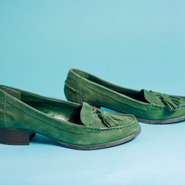 90s Hunter Green Velvet Loafers Vintage Slip On Square Heel Ralph Lauren Shoes 