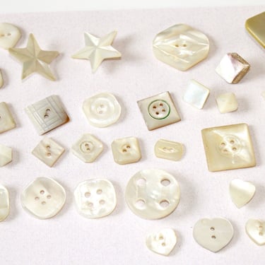 34 Antique Mop Unique Shaped Button Collection- Stars Heart Dimensional Brass Shanks and Sew Through 