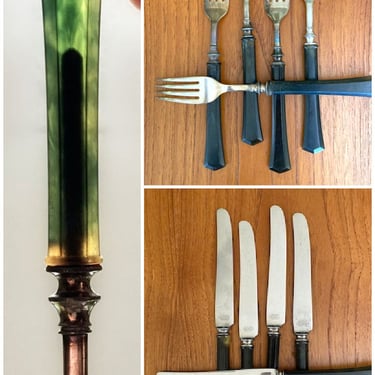 RESERVED set of 10 each vintage deco forks and knives - green onyx lucite handles 1940's Universal Stainless 