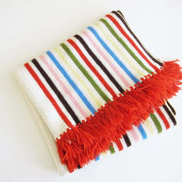 Vintage 60s Striped Knit Blanket 68x40 - 1960s Multicolor Crochet Afghan Throw Fringed -  Colorful Knitted Picnic Blanket 