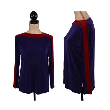 Boat Neck Top, Stretch Knit Blouse, Long Sleeve Pullover Shirt, Color Block Tunic, Dark Purple with Red Stripe, Vintage Clothes Women Small 