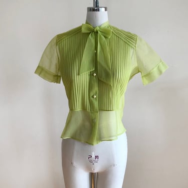 Sheer Lime Green Nylon Blouse with Pintucks and Necktie - 1950s 