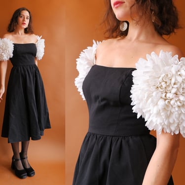 Vintage 80s Victor Costa Floral Puff Sleeve Black Dress/ 1980s Off The Shoulder Party Dress/ Size Small 