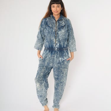 80s Denim Jumpsuit Acid Wash Tapered Pants Jean Romper Pantsuit Vintage 3/4 Dolman Sleeve High Waisted Zip Up Blue Large 12 