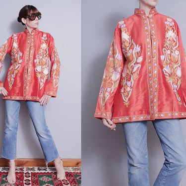Vintage 1970's | Orange | Silk | Floral | Embroidered | Mandarin Collar | Jacket | Topper | L 