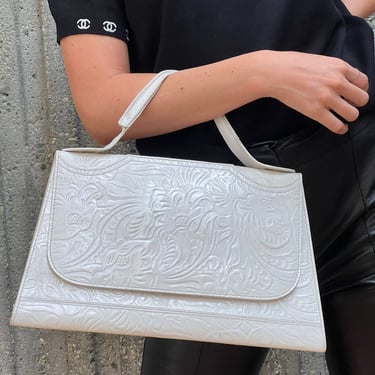 Vintage FENDI White Tooled Leather Top handle Bag Satchel Handbag Purse - Rare! 