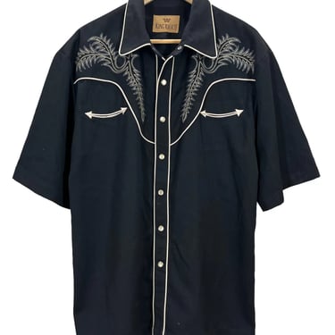 King Ranch Black Embroidered Pearl Snap Western Rockabilly Shirt Large 