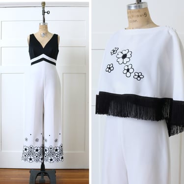 vintage 1970s jumpsuit • flower power polyester one piece with fringed poncho • black & white daisies 