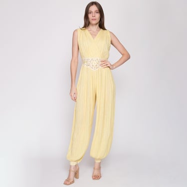 Sm-Lrg 70s Boho Yellow Gauzy Cotton Harem Jumpsuit | Vintage Floral Cut Out Grecian Hippie Pantsuit Genie Outfit 