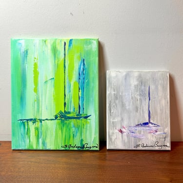 MId Century Sailboats Oil on Board Paintings Pair /Nautical Marina IMpressionist / MCM Vintage Small Abstract/ Signed S Anderson Cosgrove 