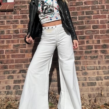 Vintage 70s White Super Flare Denim Jeans Pants Mid Rise Disco 1970s by TimeBa