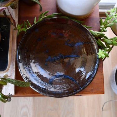 Large Handmade Studio Pottery Brown and Blue Glazed Ceramic Pottery Plate Tray Bowl, Signed Loveless, ca. 1970's 