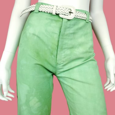 Vintage 70s DITTO tie-dyed pants. Pistachio green high rise straight leg. Late 1970s disco roller girl Farrah Fawcett fit. (26 x 32 1/2) 